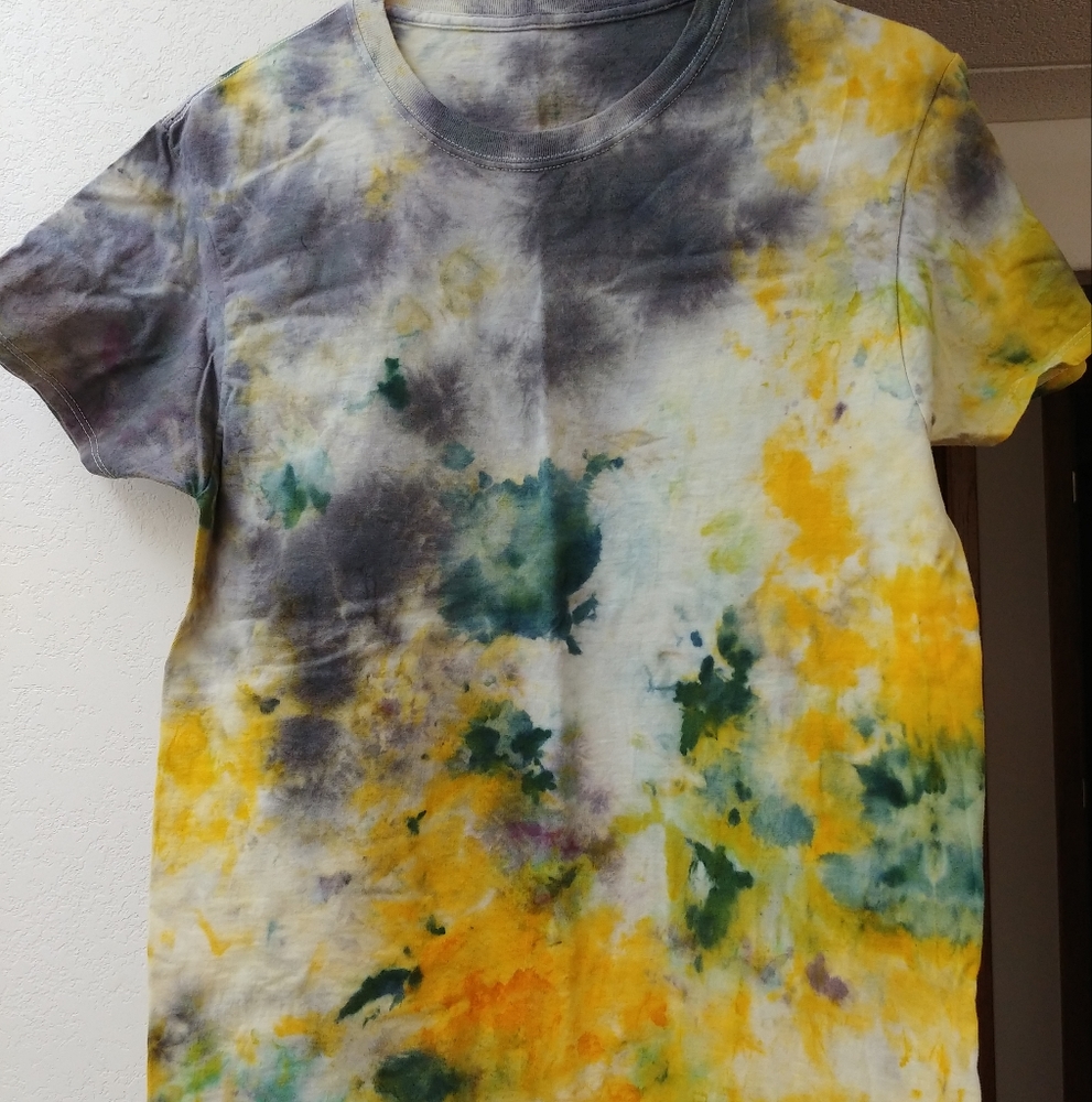 Adult Size small handmade tie dye ice dye teal, yellow, gray, green